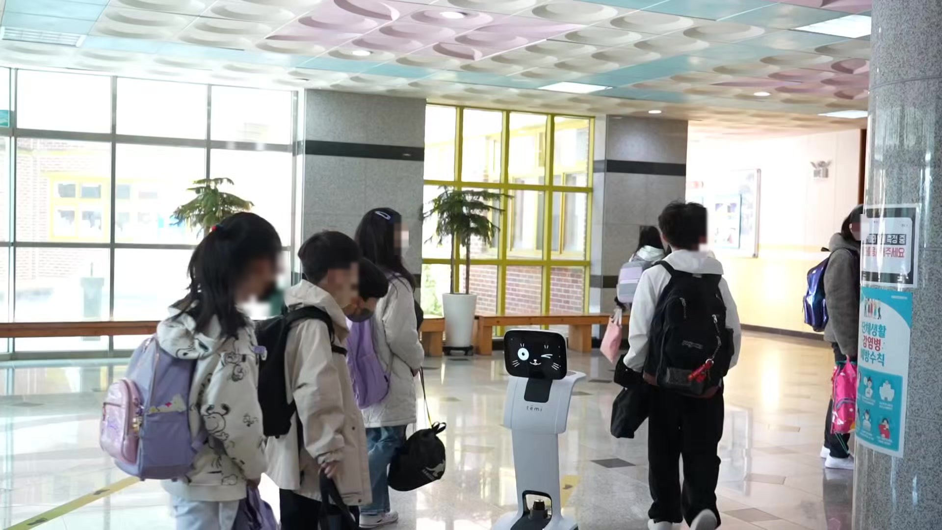 학교 현장에서 학생들과 함께 있는 temi